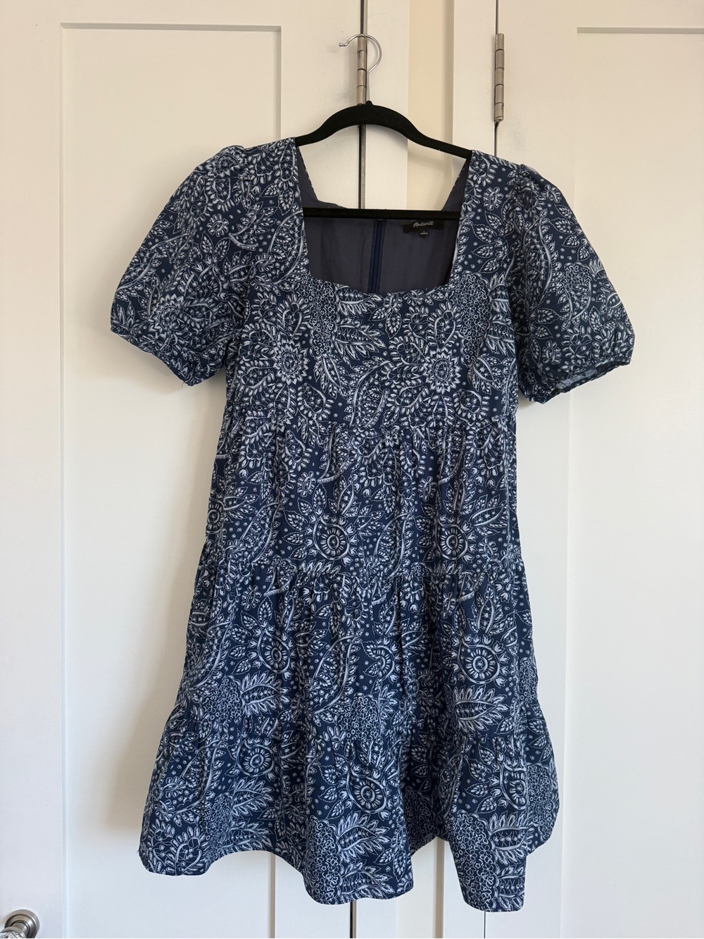 Madewell Navy Blue Floral Square-Neck Tiered Mini Dress